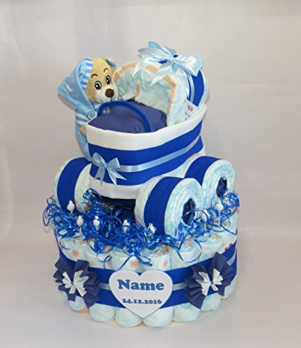 Windeltorte | Windeltorte mit Windelkinderwagen mit Schlafbär (blau) | Windelgeschenk Junge