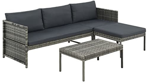 vidaXL 3-TLG. Garten-Lounge-Set mit Auflagen Poly Rattan Grau