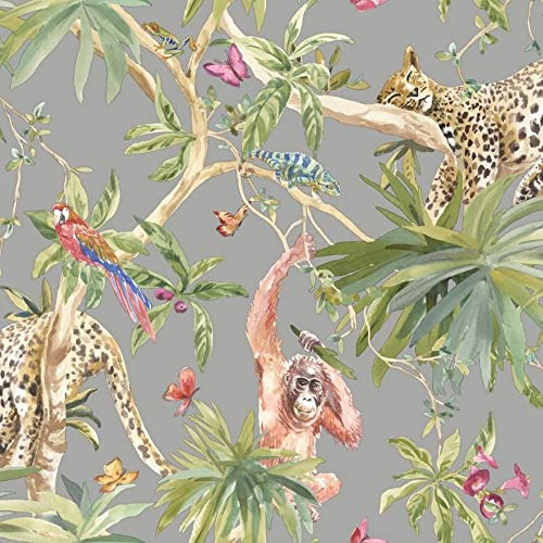 Holden Decor Fantasia Jungle Animals Silver Wallpaper 90692 - Orangutan Leaf