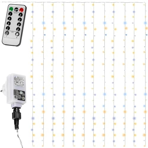 VOLTRONIC® LED Lichtervorhang Lichterkette für innen und außen, 3x3m 300LED / 3x6m 600LED / 6x3m 600LED, warmweiß/kaltweiß/bunt/warmweiß+kaltweiß, GS geprüft, IP44, 8 Modi/Fernbedienung/Timer