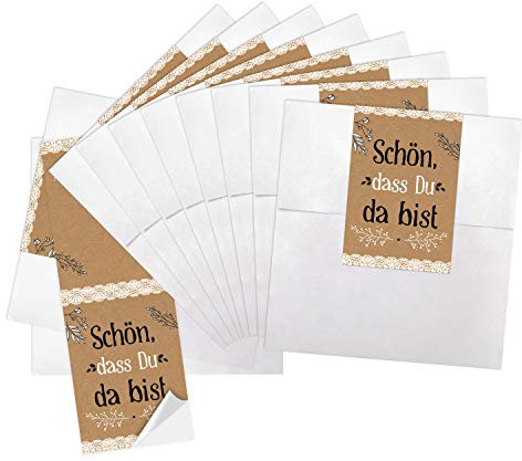 Logbuch-Verlag 25 weiße Mini-Papiertüten 13 x 18 cm + Banderolen zum Zukleben SCHÖN DASS DU DA BIST braun schwarz weiß Geschenkverpackung Hochzeit DIY Gastgeschenk Give-Away festlich
