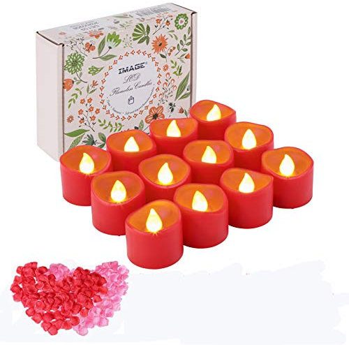 IMAGE LED Tea Lights 12PCS Red Tealight Candles with Timer Battery Operated Tealight Flickering Candle Lights with Rose Petals for Valentine's Day, Wedding, Party Decor
