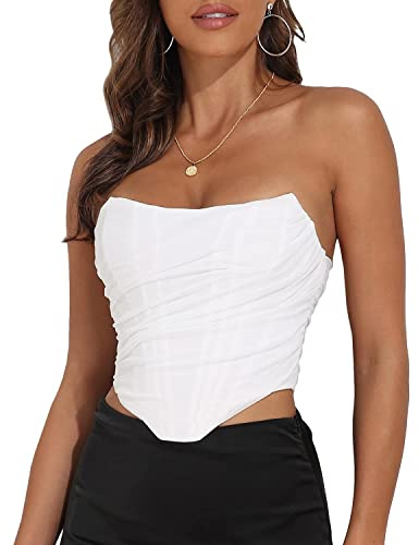 Women's Vintage Strapless Open Back Boned Mesh Bustier Zip Back Corset Bodyshaper Crop Top (White, 2-4, Medium)