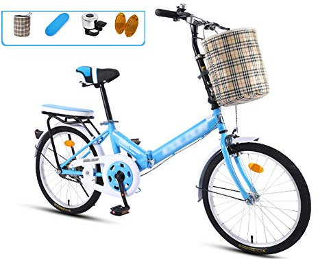 JHNEA 20 Zoll Faltrad Klapprad, Kohlenstoffstahlrahmen Fahrrad Klappfahrrad mit Komfortsattel Korb und Ständer Gepäckträger,Blue-A