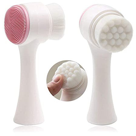 Double-Sided Face Wash Brush with Face Massager, Ultra-Soft Manual Exfoliating for Deep Cleansing, Removing Blackhead and Massaging - Pink