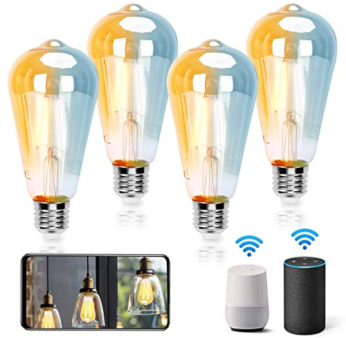 Aigostar Alexa Glühbirne E27 Edison Glühbirne 6W 805LM Dimmbare Retroglühbirnen ST64 Smart Lampe Wlan Dimmbar 2700K-6500K App Steuern Kompatibel mit Alexa und Google Assistant. Gold 4 Stück