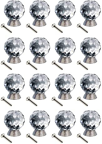 Roseley Crystal Glass Cupboard Knobs Clear Wardrobe Drawer Cabinet Handles for Kitchen Bathroom Bedroom Round Shape Easy Grip [Set of 16]