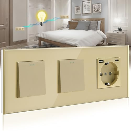 BSEED Doble Interruptor de pared con Enchufe Oro,1 Gang 2 Vías Interruptor conmutador+16A Schuko Enchufe con 1 Puerto Tipo C y 1 Puertos USB,10A Interruptor de luz de botón pulsador