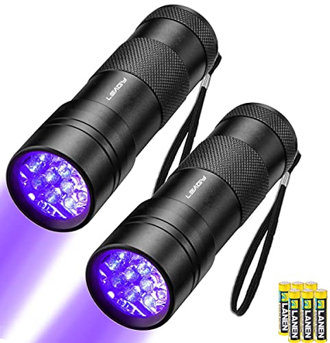 LEAGY 2 Pack 12 LED 395nm Mini Linterna UV con Pilas - Detector de Orina de Mascotas, para Detección de Billetes Falsos, Billetes de Banco, Verificación de Documentos, etc (Negro)