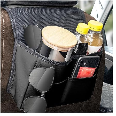 JNNJ Auto KopfstTze Leder Organizer, PU Material Rcksitz Aufbewahrungstasche, Innenraum Zubehr Multi Staumglichkeiten Tasche fr Telefon Becher (Schwarz)