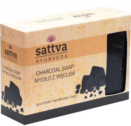 Sattva Ayurveda Aktivkohle Seife – Handgemachte Ayurvedische Naturseife mit Manjistha & Süßholz – Glycerin Seife für Gesicht & Körper – Reinigung der Poren bei Unreiner & Fettiger Haut – 125 g