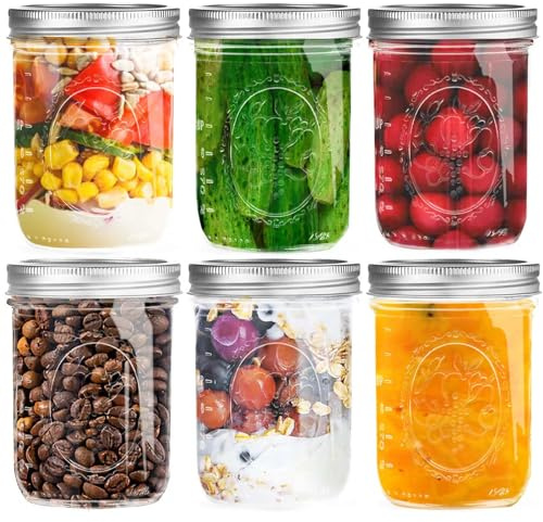 Miuyhji Wide Mouth Mason Jars 16 oz with Lids [6 Pack], Canning Jars with Metal Airtight Lids and Bands, 16 oz Glass Jars for Fermenting, Pickling, Freezing, Preserving, Meal Prep, Jar Décor