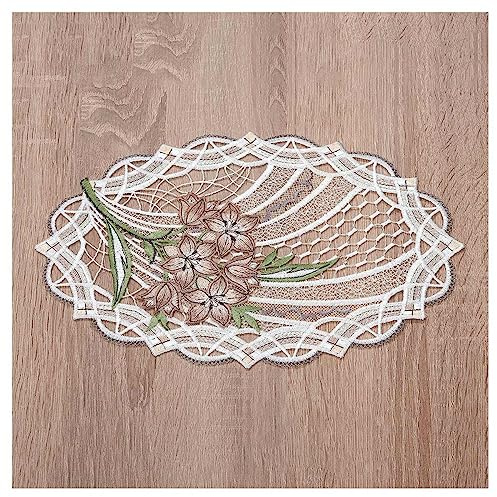 Deckchen Florica aus Echter Plauener Spitze Moderne Tischdecke in Altrosa mit Blumen-Muster und Ornamenten 31 x 20 cm oval
