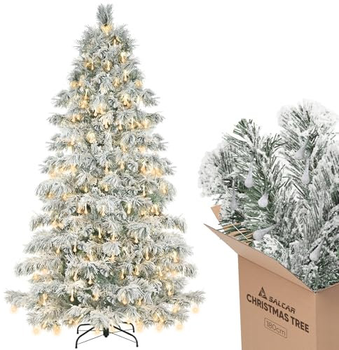 SALCAR 180 cm Künstlicher Weihnachtsbaum mit Schnee und Beleuchtung, Tannenbaum mit 479 Spitzen und 170 warmweißen Wassertropfen LEDs, Schnellaufbau-Klappsystem Christbaum, inkl. Christbaumständer