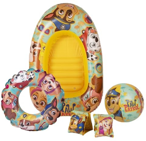Paw Patrol Aufblasbares Schwimmset mit Armbändern, Schwimmring, Strandball und Schlauchboot