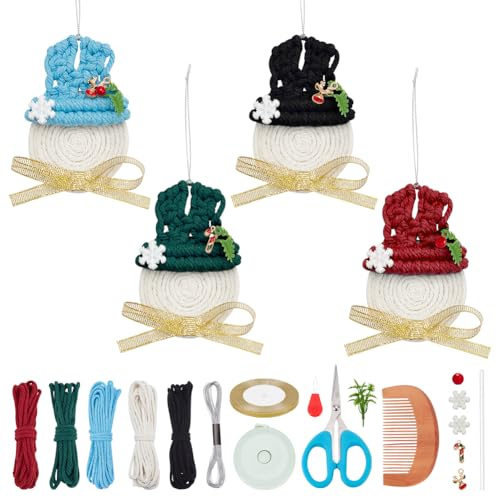FREEBLOSS 4 Set Makramee Weihnachtsschneemann, Makramee Zwerge, Schneemann Mit Anleitung (Evtl. Nicht In Deutscher Sprache), Makramee Kits Für Erwachsene, Gewebtes Makramee Dekor Für Weihnachten
