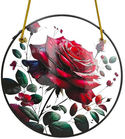 Huyfoig Glas-Sonnenfänger mit blühenden Blumen, für den Außenbereich, Rosen-Sakura, Buntglas, zum Aufhängen, Kirschbaum, Fensterdekoration, Valentinstag für Frauen, 20 cm (Rose)