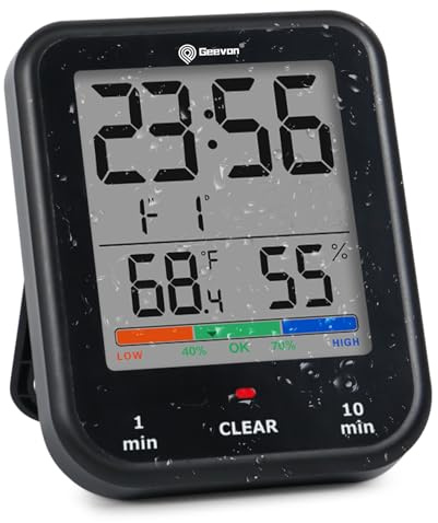 Geevon Digital Bathroom Clock, Waterproof Shower Timer with Large Touch Screen, Battery Operated Bathroom Wall Clock with Temperature & Humidity Display - Suction Cup/Hanging Hole/Stand (Black)