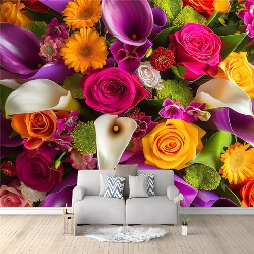 Carta da Parati Fotografica Design Fiori Di Rosa E Calle - Design Carta per Pareti Camera - Mazzi Colorati Fotomurali in Tessuto Non Tessuto - Colla Non Inclusa 300 x 210 cm