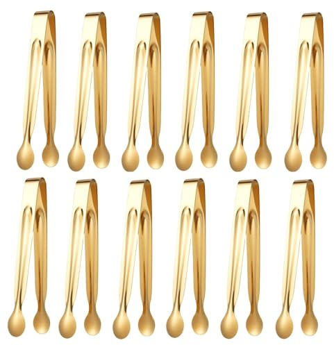 12pcs Pinzas Hielo, Pinzas para Azúcar, Pinzas para Hielo de Acero Inoxidable, Alicates de Hielo, Mini Pinzas de Servir para Cubitos de Hielo, Azúcar, Cocina Bar Cafetería Buffet (Oro, 15cm)