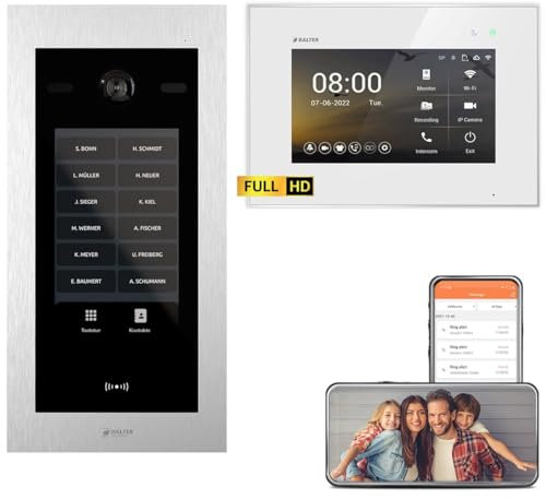 BALTER EVO HD Touch 7 Silber/Weiß Video Türsprechanlage mit RFID/Codemodul Set für bis zu 1000 Teilnehmer (1x Türstation mit Full HD-Kamera, 1x 7 Zoll WiFi Monitor, 2-Draht BUS, 175° Weitwinkel)
