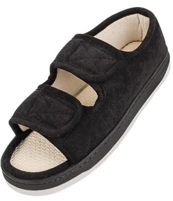 XGOPTS Orthopädische Hausschuhe Damen Herren Senioren Schuhe mit Klettverschluss Verstellbare Reha Sandale Stretch Unisex Rutsch Fußpflegeschuhe Schwarz 41-42