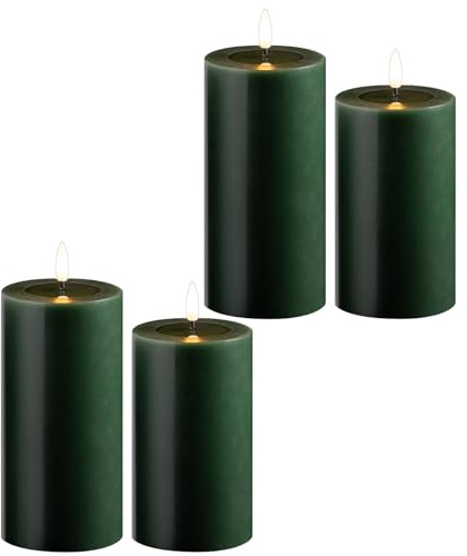 Novaliv 4er Set Led Kerzen flackernde Flamme mit Echtwachspiegel grün 7,5cm ø 2X 15 cm, 2x12,5 cm Höhe, LED Kerzen mit Timerfunktion, 2 AA Batterien nötig, LED Echtwachs Stumpenkerzen warmweiß