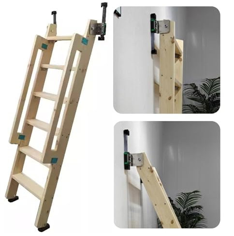 Retractable Wooden Attic Ladder with Handrail, Space-Saving Wall Mounted Loft Escape Ladder, Heavy Duty Basement Ladder for Fire Emergency(8 Step 225 cm (88 5/8))