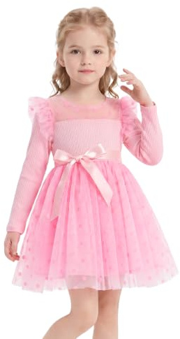 Miipat Klänningar för flickor flickor och flickor långärmad polka-prickig kjol prinsessklänning fest födelsedag tyllklänning bröllop flicka klänning, Rosenröd, 5-6 anni