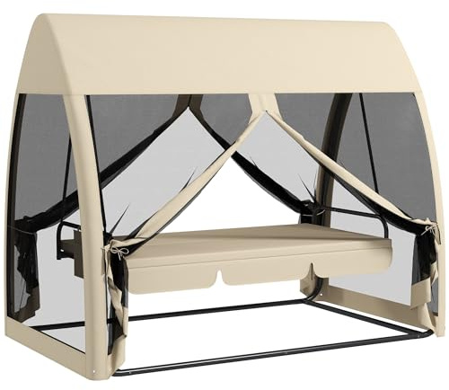Outsunny 2 in 1 Hollywoodschaukel Liegefunktion 240 x 140 x 197 cm Kaffee | 3-Sitzer Gartenschaukel, Baldachin, Mückennetz, Schaukelbank Belast Bis 300kg, Gartenliege für Garten, Terrasse