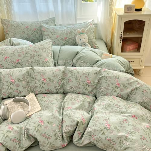 Freyamy Blumen Bettwäsche 200x200 Rosa Grün Floral Pflanzen Bettwäsche Set | Aesthetic Bettwäsche Mädchen, Microfaser ÖKO-TEX Bettwäsche-Sets, 1 Bettbezug mit Reißverschluss und 2 Kissenbezug 80x80cm