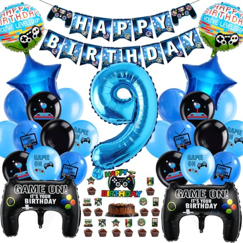 Cadimus Videospiel Geburtstag Deko,Gaming Luftballons 9,Ballons Deko 9 Jahre Junge,Geburtstag 9. Spielthemen Party,XXL Gaming Controller Folienballons,Luftballons Spiel Blau Schwarz