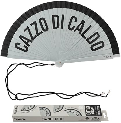 FISURA – Origineller Fächer mit Aufschrift „Cazzo di caldo“. Handventilator aus wendbarem Holz, modern und farbig. Graue-schwarze Töne. Inklusive Haken. Größe: 42,5 x 23 cm