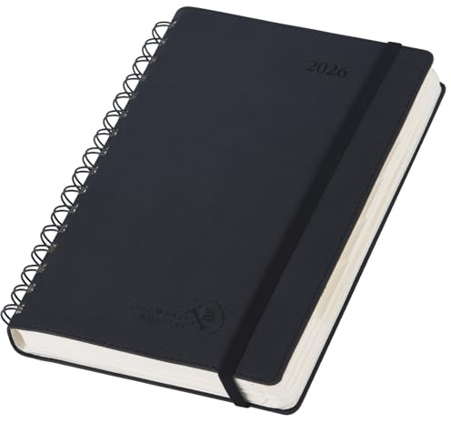 POPRUN Agenda 2026 Journalier 21,5 x 14,5 cm - Couverture Souple en PU Cuir Spirale, 1 Page par Jour A5 Planner, D'Jan 2026 à Déc 2026, Avec règle signet, Papier 80 g/m², Noir