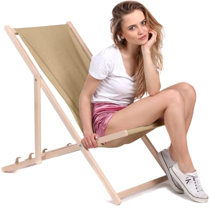 DreamRoots Liegestuhl Klappbar Holz - Klappliegestuhl mit 3-Fach Verstellbarer Rückenlehne - Strandliege Bis 130 kg Belastbar - Leinen-Optik UV-Beständiger 220g/m² Waschbarer Polyesterbezug