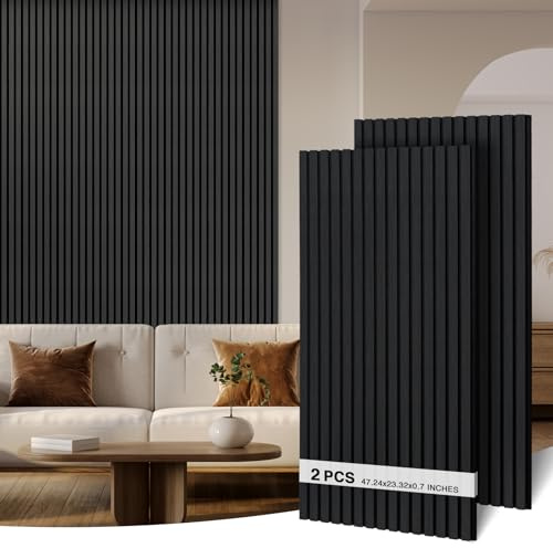 AKK-ART 2 Pack Acoustic Wall Panels-47.24x23.62Wooden Slats Wall Panel, Decorative Sound Proof Panel & 3D Feature Pannelling for Home Living Room Bedroom-15.5 sq.ft.Coal-Black