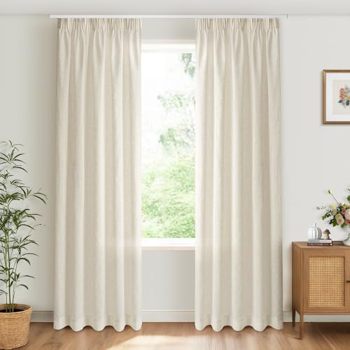 INOVADAY Gardinen mit Kräuselband 2er Set,Gardinen Wohnzimmer Modern für Schienensystem,Vorhang Halbtransparent Leinenoptik H 260 x B 140 cm,Natur