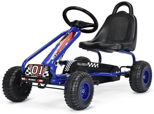 COSTWAY Gokart mit verstellbarem Sitz, Go Kart mit Handbremse, Tretauto bis 30 kg belastbar, Pedal Go Cart, Tretfahrzeug, Pedalfahrzeug, Kinderfahrzeug für Kinder ab 3 Jahren (Blau)