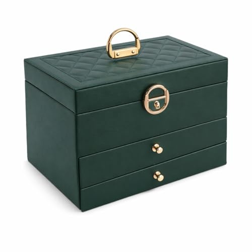 Top Sale Multi Layer Jewellery Box with Lock and Key, Large Green Jewellery Organiser with Drawers, Ring Rolls & Necklace Hooks, Multi Compartment Storage Case, Gift for Women