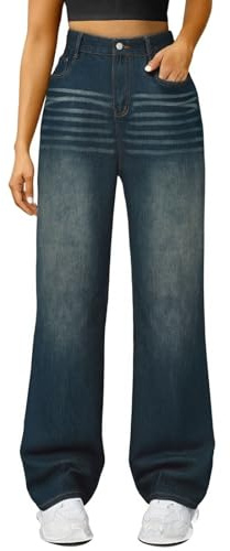Stretchiga raka ben jeans för kvinnor UK magi formande breda ben jeans push-up rumplyft stretchbyxor hög midja avslappnad passform denim byxor med fickor ledig passform, Mörkblått, S