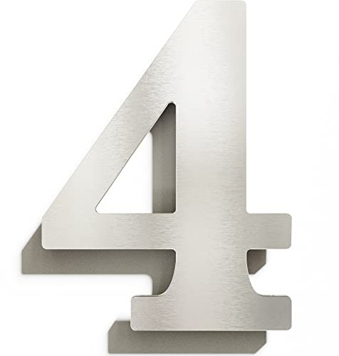 Edelstahl Hausnummer 4 - massiv, wetterfest & rostfrei - 14 cm groß - mit Befestigungsmaterial - Design Hausnummern-Schild gebürstet N-02-4-E