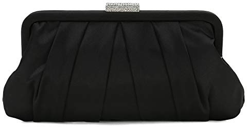 CHARMING TAILOR Classic Pleated Satin Clutch Bag Diamante Embellished Formal Handbag for Wedding/Prom/Black-Tie Events (Black)