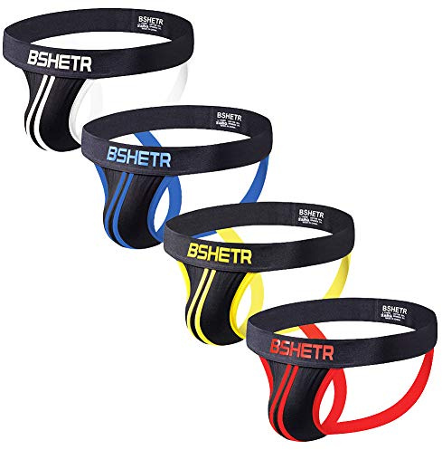 BSHETR Ropa Interior para Hombre Tanga Jockstrap Soporte Atlético con Suspensorio, 4-Paquete de algodón con Tiro Bajo Cintura Elástica Multi-paquete Calzoncillo de Rendimiento (166, L)