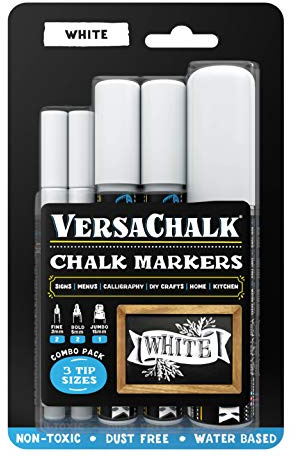 VersaChalk White Liquid Chalk Markers for Blackboards (Set of 5 with JUMBO Tip) - Erasable Washable Chalk Pens for Chalkboard Signs, Windows, Glass, Events, Schools, Office Supplies, and Business