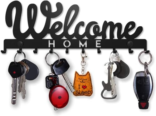 SirHoldeer Schlüsselbrett Modern, Welcome Home Schlüsselhaken, Schlüsselhalter Wand, Schlüsselaufhänger mit 10 Haken, Schlüsselboard Schwarz, Key Holder Wall, Wanddeko Flur, Metall Deko