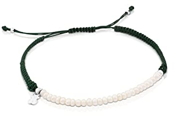 TOUS Pulsera Nylon Verde de Perlas Cultivadas para Mujer con Motivo de Oso en Plata de Primera Ley, 0,2cm, Combinable y Versátil, Colección Color AG
