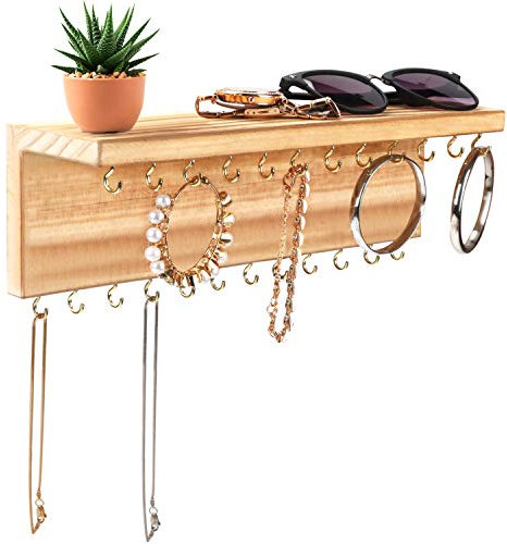BELLE VOUS Porte Bijoux Mural en Bois Naturel avec 24 Crochets - 30,3 x 7,3 cm - Porte Collier et Presentoir Bijoux Rustique pour Bracelets, Boucles d’Oreilles et Bagues