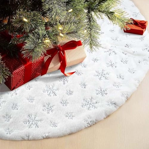 RongXuan Weihnachtsbaum Rock Plüsch Rund Weichnachtsbaumdecke mit Pailletten Schneeflocke Christbaumständer Teppich Baumdecke 48 Zoll Silber