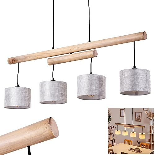 HOFSTEIN Hängeleuchte Bigandie, Hängelampe aus Metall/Holz/Stoff in Schwarz/Natur/Grau, Pendelleuchte mit Stoffschirmen Ø 18 cm und Holzbalken, 4 x E27, Höhe max. 120 cm, Esszimmer, Küche, Wohnzimmer