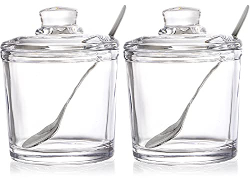 Frcctre Set of 2 Glass Sugar Bowl, 6 Ounces Clear Sugar Jar with Spoon and Lid, Salt Spice Pepper Bowl Seasoning Jar Condiment Pots Dispenser Container for Home Kitchen Coffee Bar